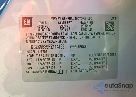 2015 Chevrolet Silverado K2500 Heavy Duty Lt z USA, uszkodzony, nr VIN 1GC2KVE85FZ114188